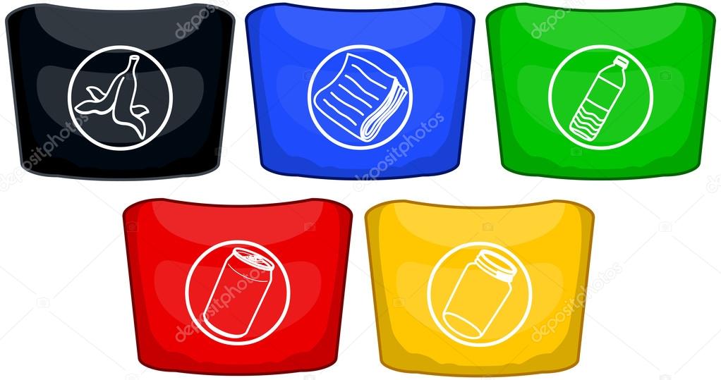 Vector illustration pack of five different trash cans with logo for recycling