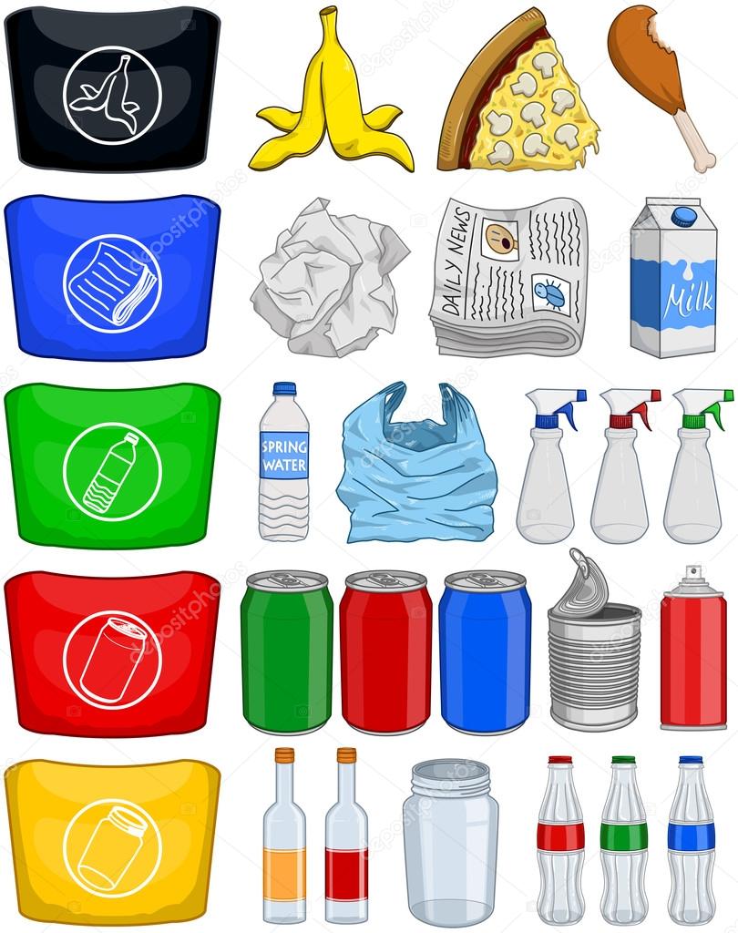 Paquete de reciclaje de basura de papel de latas de botellas de comida  Vector de stock #68593813 de ©LironPeer, image size:810x1024