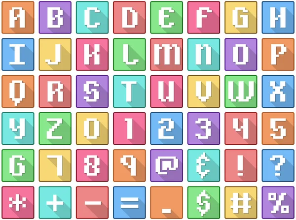Números do alfabeto Símbolos Ícones quadrados planos Arcade Ilustrações De Stock Royalty-Free