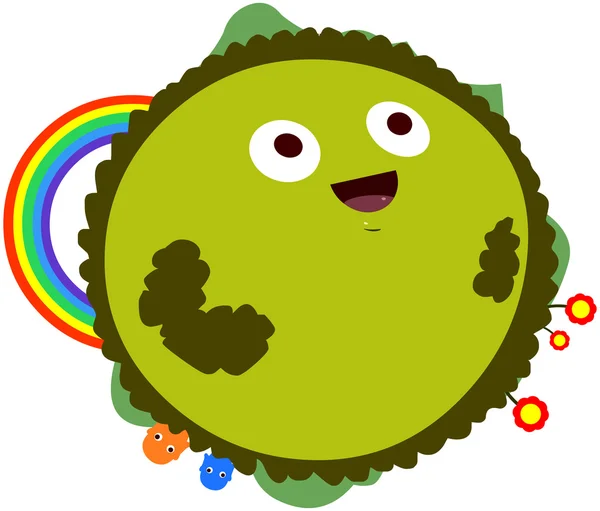 Happy Green Planet With Rainbow — Stock Vector