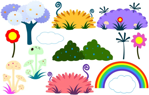 Flat Tree Flower Plants Rainbow Cloud — Stock Vector