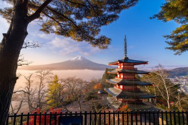 Chureito pagoda ve Fuji Dağı 'nın ender görülen sabah sisi, sonbaharda Japonya
