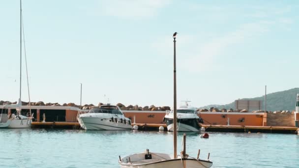 Красивые лодки припаркованы в старом порту. Легкий бриз на море. Прозрачная морская вода. Станция старинных лодок. Солнечные блики и легкие колебания на поверхности воды. Спокойствие и спокойствие — стоковое видео