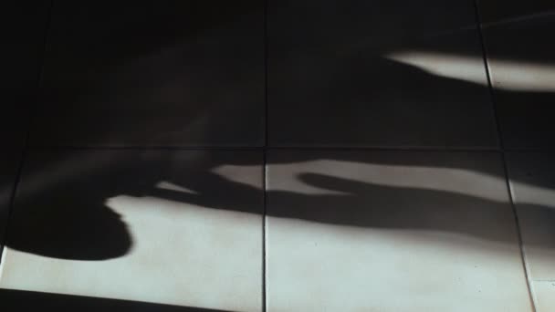 Schöner Schatten auf dem Fliesenboden. Silhouette von Händen, die Schnürsenkel binden. Bewegende Silhouetten auf weißem Boden. — Stockvideo