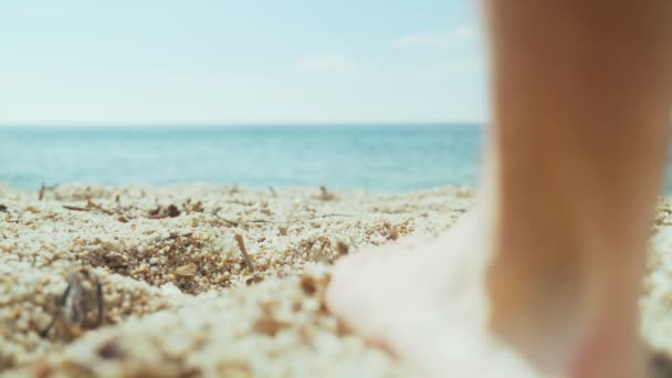 Człowiek spaceruje po plaży. Młody mężczyzna w białej koszulce, czarnych spodenkach i czarnym kapeluszu spaceruje wzdłuż piasku do morza. Słoneczny letni dzień na plaży. Wakacje w ciepłym kraju. Błękitne morze. — Wideo stockowe