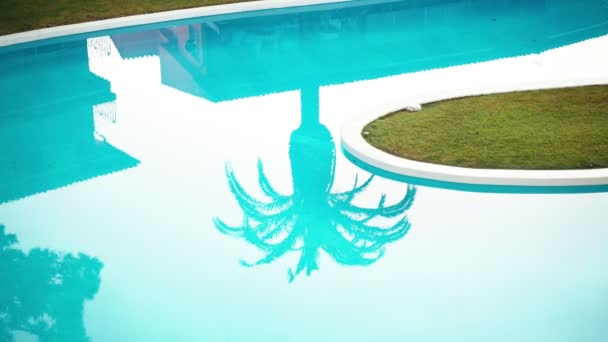 Bela sombra de uma palmeira na superfície da água na piscina. Ondas de luz e brilho do sol na água azul-turquesa. Um dia quente e ensolarado junto à piscina. Frio de verão. A palma das folhas oscila ao vento. Feriados. — Vídeo de Stock