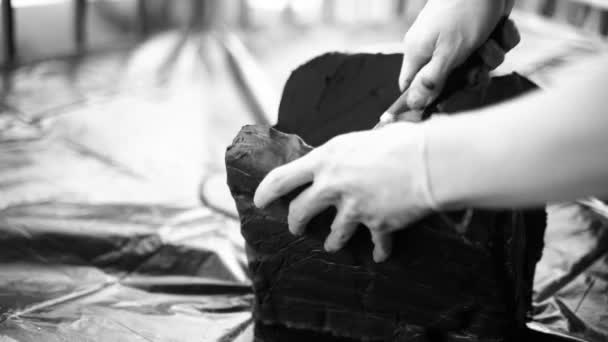 Close-up of female hands working with clay using tools. Potter in the process of sculpting. Shaping a clay product. Dark clay. Black and white video. Pottery workshop. The artist sculpts. — Stock Video