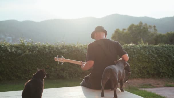 Mannen i svart hatt spelar basgitarr. Musiker och hans svarta katt och grå fransk bulldogg på terrassen med vacker utsikt. Bas spelare njuter av den gyllene kvällen med sina husdjur. Rolig hund — Stockvideo