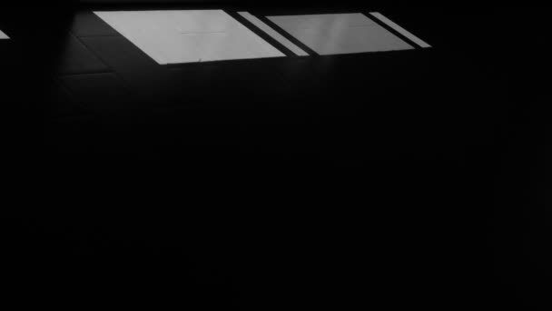 Hermosas sombras geométricas en movimiento de contraste cerca de las ventanas. Siluetas abstractas. De día. Vídeo en blanco y negro. — Vídeos de Stock