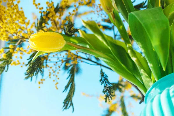 Frühlingsstrauß Aus Tulpen Und Mimosen — Stockfoto