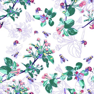 Çiçek açan elma dalları, arılar ve uğur böcekleriyle kusursuz bahar deseni. Beyaz arka planda çiçekler. Çiçek arka planı.