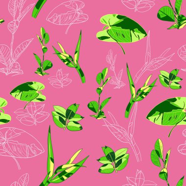 Pembe arka planda yeşil yapraklar. Kusursuz desen.