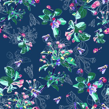 Çiçek açan elma dalları, arılar ve uğur böcekleriyle bahar kusursuz desen. Koyu mavi arka planda çiçekler. Çiçek arka planı.