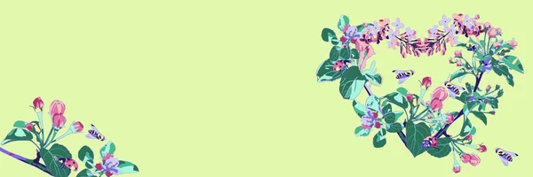Ramos Florescentes Maçã Lilás Insetos Fundo Verde Coração Florescer Abelhas — Fotografia de Stock