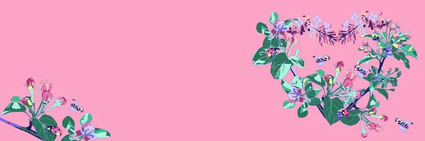 Ramos Florescentes Maçã Lilás Insetos Fundo Rosa Coração Florescer Abelhas — Fotografia de Stock