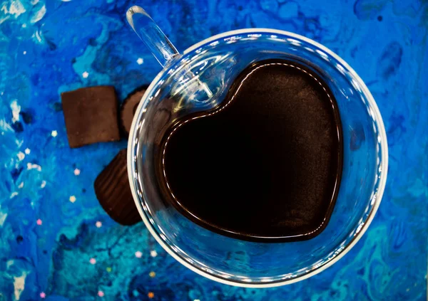 Xícara Com Café Doces Belo Fundo Azul Vista Superior Copo — Fotografia de Stock