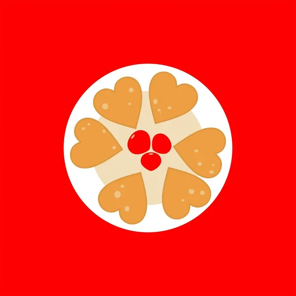 バレンタインデー ストロベリーワッフルハート ハートパンケーキのための創造的な朝食 トップビューベクトルイラスト 平面設計 — ストックベクタ