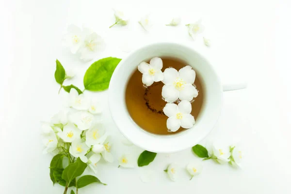 Xícara Chá Com Flores Jasmim Fundo Branco — Fotografia de Stock