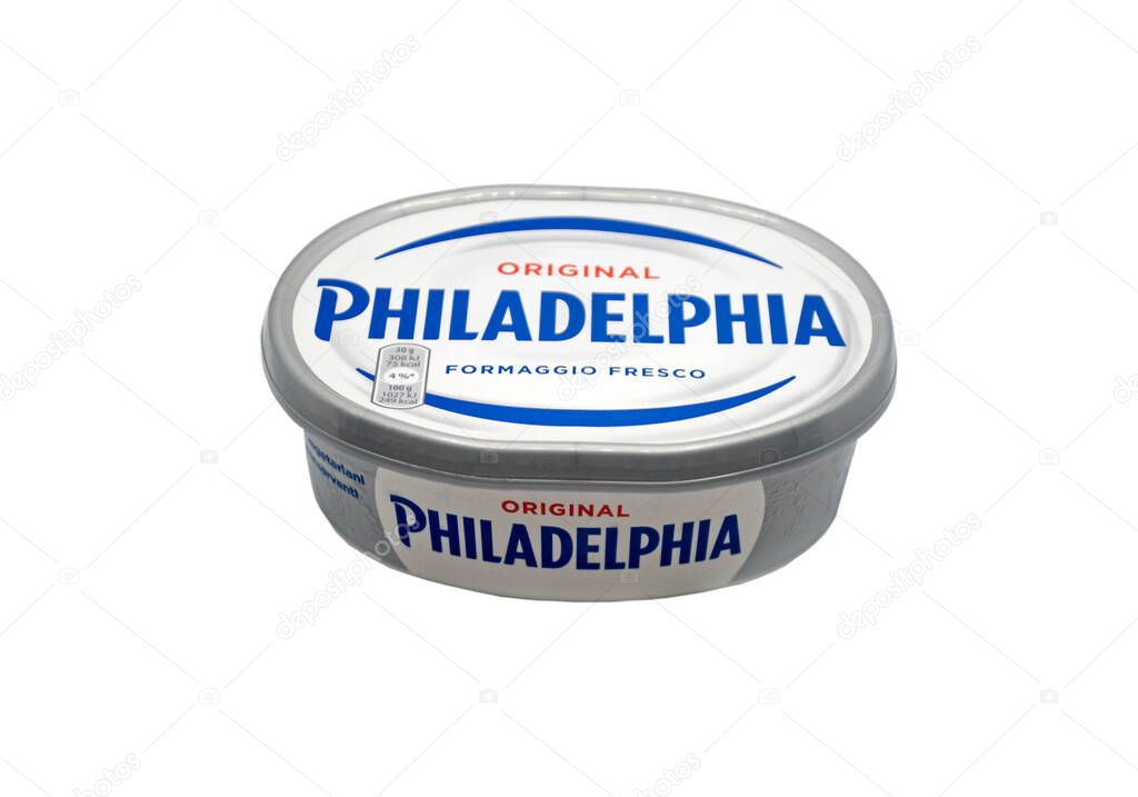 Kherson, Ukraine, February 10, 2021. Philadelphia Cream Cheese  isolated on white . Philadelphia Cream Cheese is one of the Kraft brand family of products.Editorial License