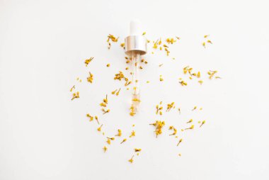 Yüze çiçek serumu. Nemlendirici serumu olan bir damlatıcı. Hafif arka planda sarı kızılcık çiçekleriyle çevrili..