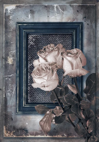 Gryngy fond avec bouquet de roses et vieux cadre — Photo