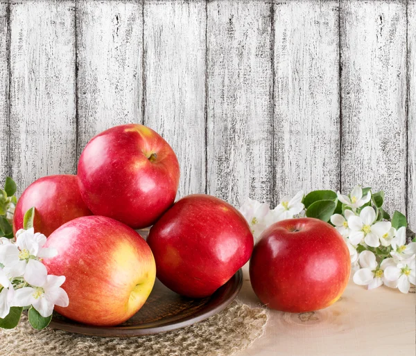 Röda äpplen med inredda apple blommor — Stockfoto
