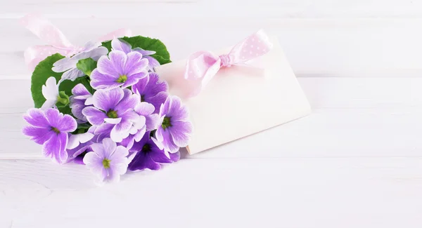 Bouquet de primevères violettes et carte de voeux en papier — Photo