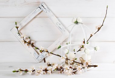 Kayısı çiçek ve fotoğraf çerçevesi ile kuş kafesi  