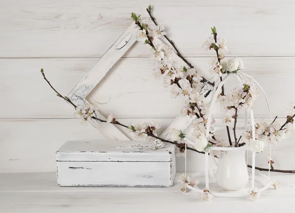 Kayısı çiçek, eski kare ve vintage tabut ile kuş kafesi  