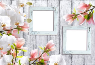 Manolya çiçek orchidea ve fotoğraf çerçeveleri ile 