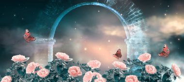Fantasy fabulous panoramic banner background of magical night sky with shining stars, clouds and roses garden and peacock eye butterflies against magical mirage of old stone ruins of ancient gate clipart