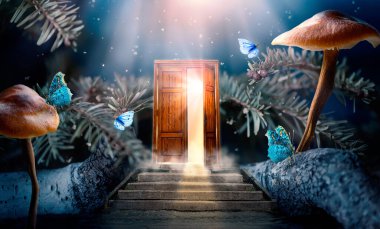 Fantasy enchanted fairy tale forest with magical opening secret wooden door and stairs leading to mystical shine light outside the gate, mushrooms, rays and flying fairytale magic butterflies in woods clipart