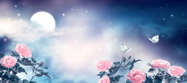 幻想童话背景的美丽仙女玫瑰花园和蝴蝶 神奇的深蓝色夜空 闪亮的星星和灿烂的月亮 Idyllic宁静迷人的全景场景 — 图库照片