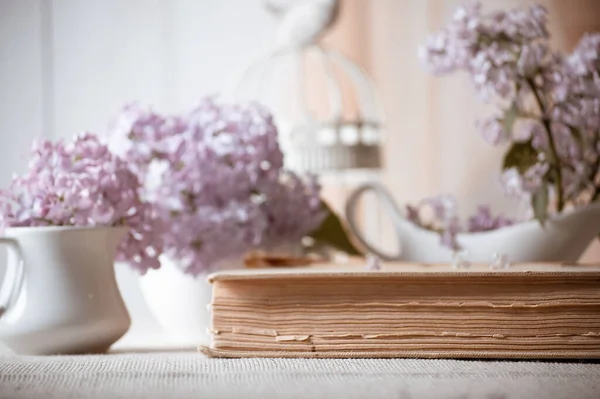 Interior Quarto Com Lilases Flor Vaso Livro Contos Fadas Vintage — Fotografia de Stock