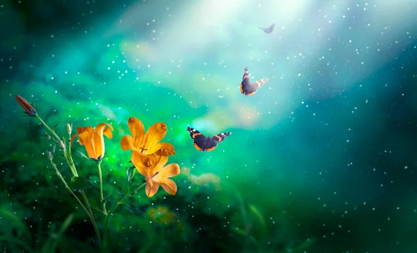 Golden Bluebells Flowers Flying Butterflies Fantasy Magical Emerald Colored Garden — Stock Photo, Image