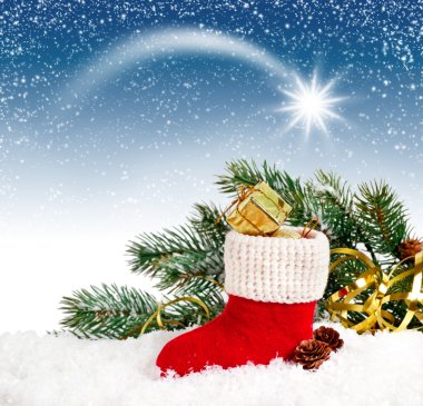 Noel Baba'nın çizme ve gökyüzünde yıldız ile Noel kartı