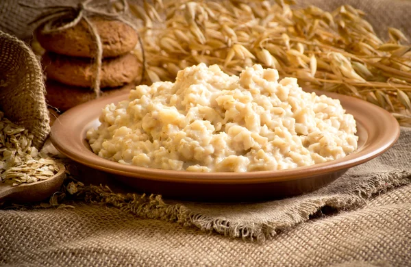Oatmeal, oat flakes, cookies and spikelets — Stock Photo, Image