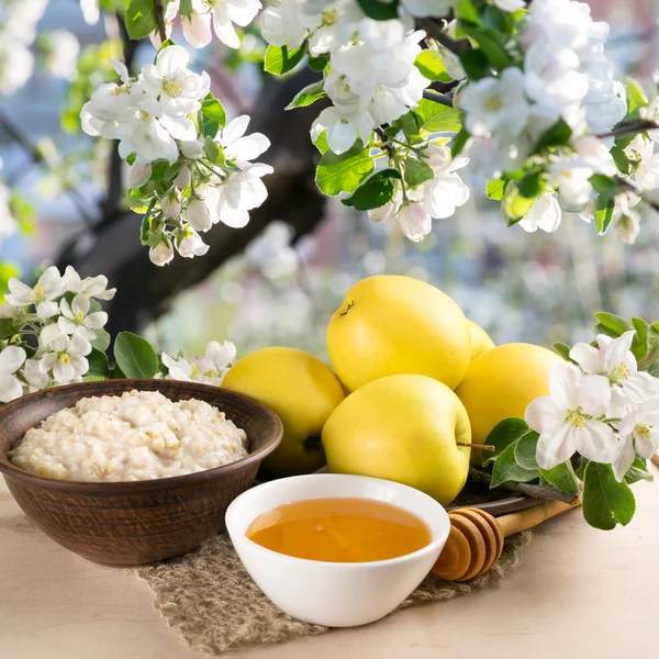 Bodegón con manzanas, avena, miel y ramita de manzano — Foto de Stock