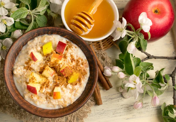 Harina de avena con manzana, miel y canela en el bowl y canela — Foto de Stock