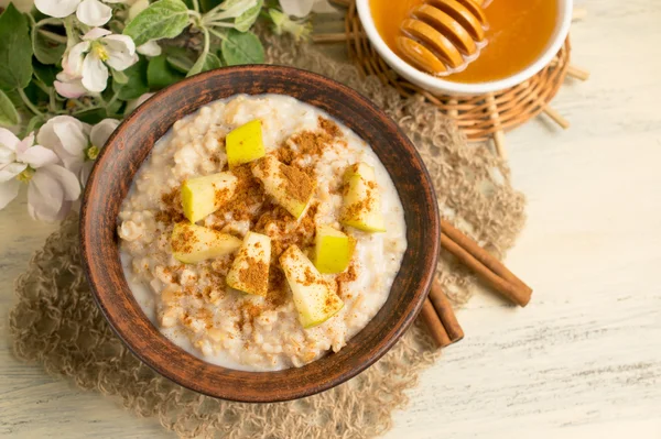 Harina de avena con manzana, miel y canela en el bowl y canela —  Fotos de Stock