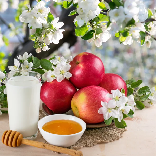 Elma, yulaf ezmesi, bal, süt Bahçe ile natürmort 