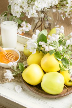 elma, elma ağacı, süt ve bal dal ile natürmort