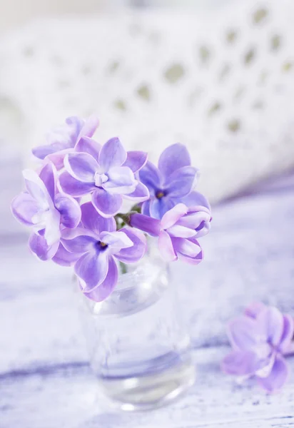 Lila bloemen in een kleine glazen fles — Stockfoto