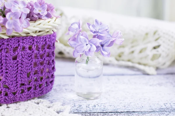 淡紫色的花，在一个小玻璃瓶 — 图库照片