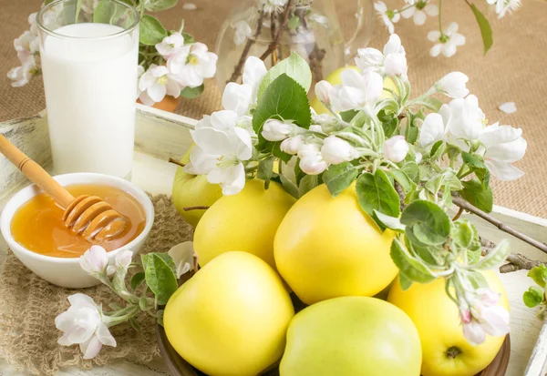 Stilleven met appels, takje appelboom, melk en honing — Stockfoto