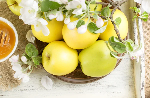 Bodegón con manzanas, ramita de manzano y miel en la bandeja — Foto de Stock