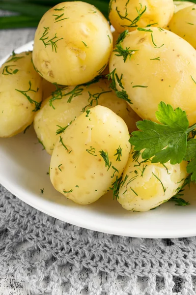 Jeunes pommes de terre bouillies à l'aneth, au persil et aux oignons — Photo