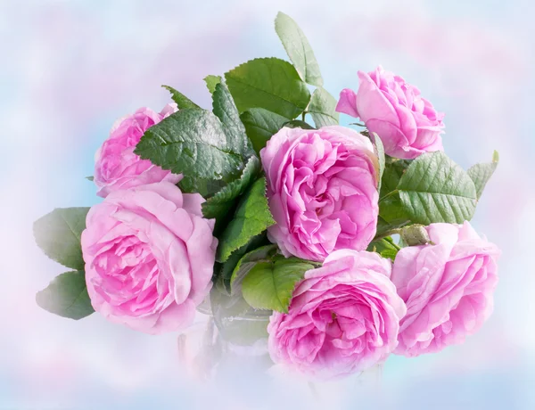 Strauß rosa Rosen auf verschwommenem pastellfarbenem Hintergrund. — Stockfoto