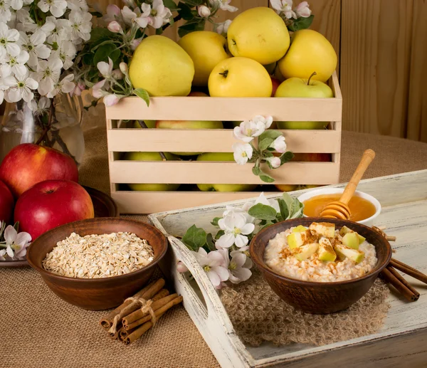 Oatmeal with apple and cinnamon in the bowl, honey and cinnamon — Stock Photo, Image