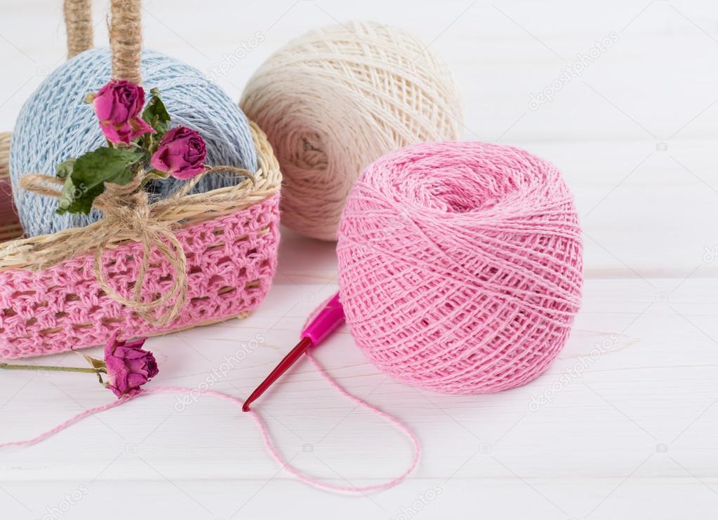 Yarn for crochet and  basket for handmade in shabby chic style